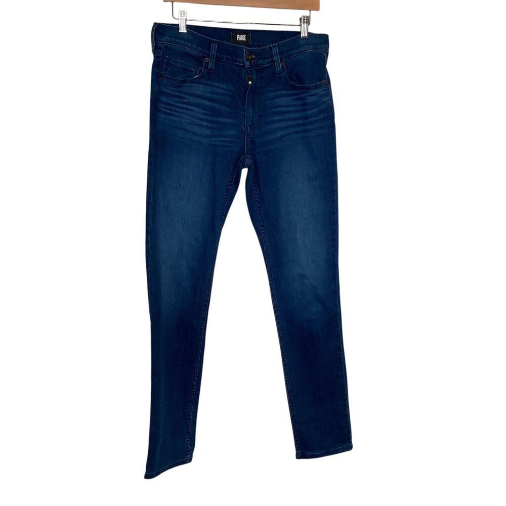 Paige Mens Lennox Skinny Jeans Size 31 x 32 Dark Blue Distressed Whisker Stretch